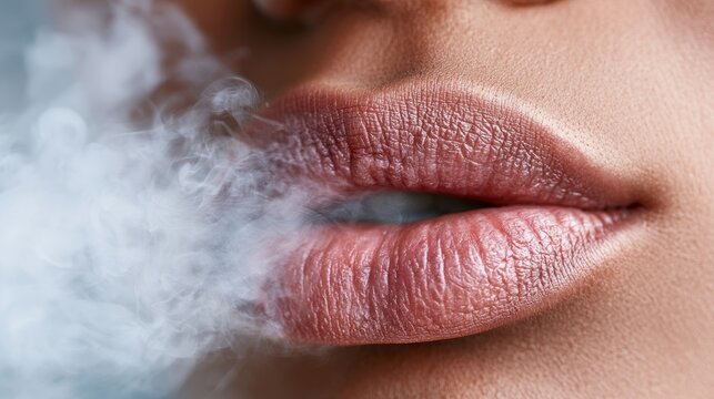 Woman's Lips Exhaling Dense White Vapor Cloud