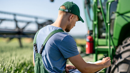 Naklejka premium Faceless young farmer inspecting combine harvester parts in a sunny farm setting, combine harvester, farm equipment, agricultural technology, farming maintenance, modern farm,