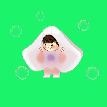 An animation of cute little chibi man wearing sting ray costume surrounded with bubbles in green screen