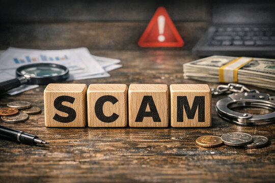 Block letters spelling 'SCAM' with cash and documents around them on wooden surface.