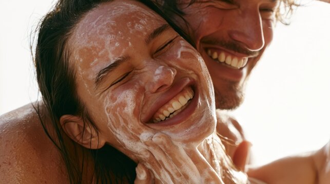 Couple enjoying a playful moment at the beach, smiling and applying sunscreen on each other, with ocean waves and sandy shore in the background