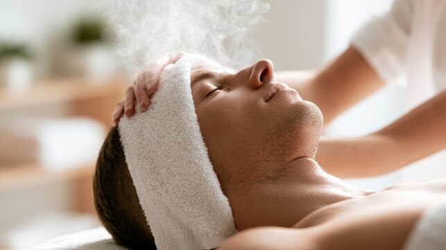 Male client receiving facial treatment in a spa, with a towel on his head and steam rising, while a therapist's hand gently applies skincare products