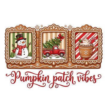 Christmas gingerbread frame illustration with snowman, red truck and hot cocoa mug design