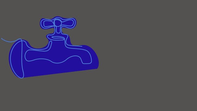 Continuous single line art drawing animation of water tap and droplet on dark background