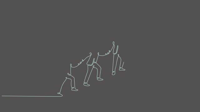Continuous single line art drawing animation of business team climbing stairs to success flag