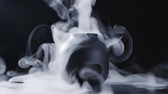 Black ceramic essential oil diffuser releasing thick white aromatic vapor