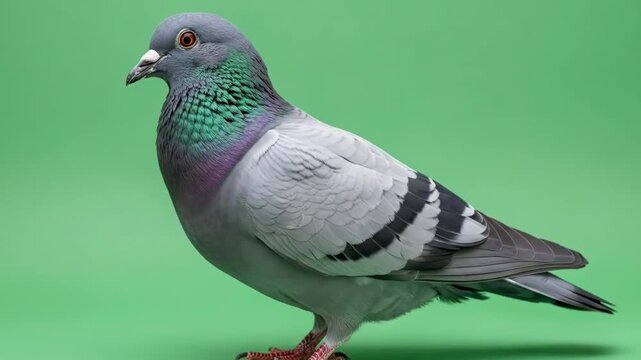 A detailed portrait of a common rock pigeon against a solid green background