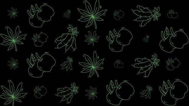 Doodle vegetable pattern with cannabis leaves, apples, and bananas in neon monochrome. Suitable for backgrounds, packaging, and textiles.