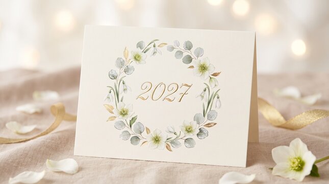Elegant floral place card with framed scattered petals soft lighting watercolor