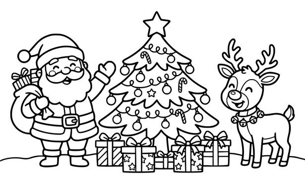 Cute Christmas coloring page for kids with cartoon Santa Claus Rudolph reindeer and decorated holiday tree simple vector line art illustration printable sheet
