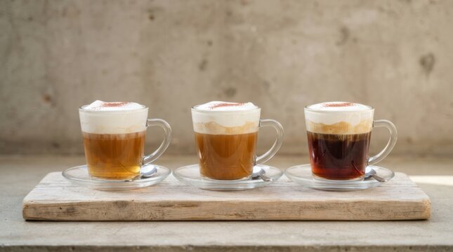 Triple layer einspanner coffee lineup on wooden board with textured background and glass cups