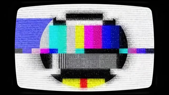 Distorted analog television test pattern with chromatic noise and interference
