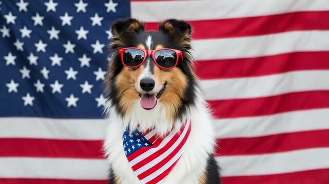 A cute shetland sheepdog wearing sunglasses against an american flag backdrop