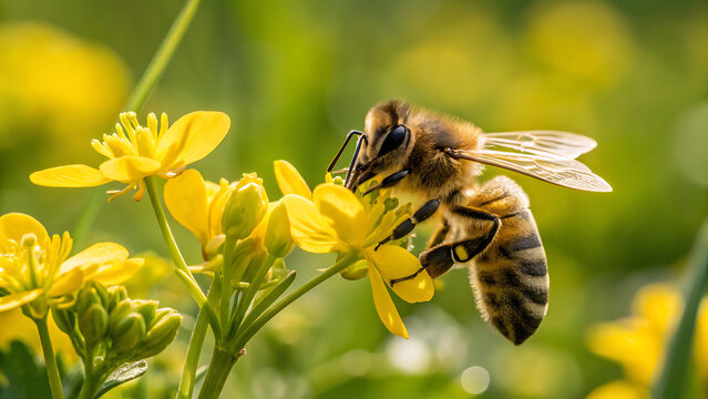 Macro close-up of a honey bee collecting nectar from a bright yellow buttercup flower