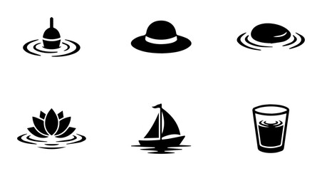 Water Icons Set: Fishing Bobber, Sun Hat, Smooth Stones, Lotus Flower, Sailboat, Drink Glass, Vector Graphics for Summer, Leisure, and Relaxation Themes © Surjo
