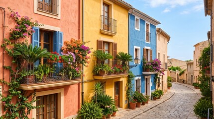Fototapeta premium Colorful Mediterranean Village Street with Flower Balconies.