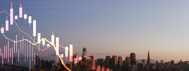 Obraz na płótnie Canvas Financial market candlestick chart overlay above illuminated city skyline at dusk, investment trends, urban economy and business growth concept.