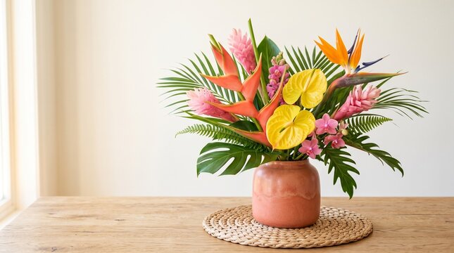 Colorful tropical flower arrangement in terracotta vase on table.