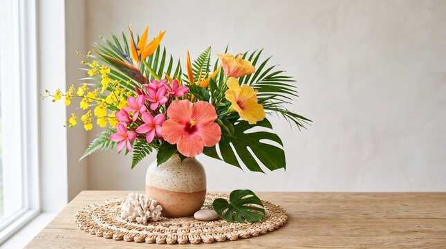 Colorful tropical flower arrangement in ceramic vase on table.