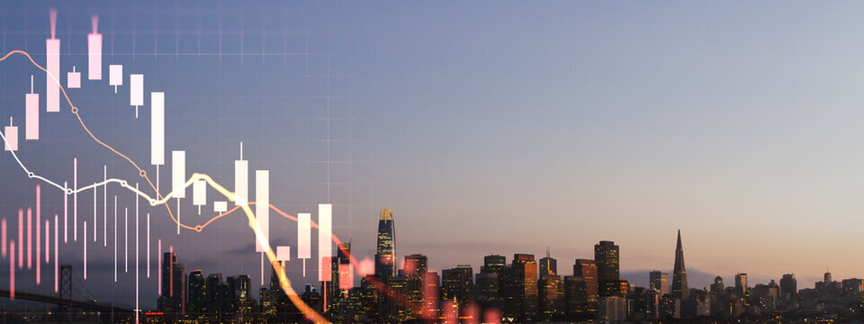 Financial market candlestick chart overlay above illuminated city skyline at dusk, investment trends, urban economy and business growth concept.