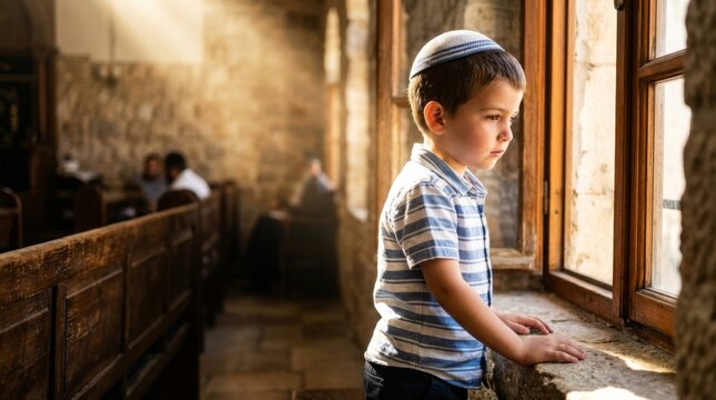 Thoughtful young boy in yarmulke looking out a sunlit window in an old synagogue