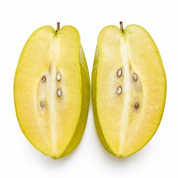 Starfruit Carambola Cut in Half Showing Seeds Isolated on White