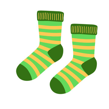 A cheerful pair of green and yellow striped socks features ribbed cuffs, reinforced heels and toes, creating a playful cozy accessory for winter comfort, festive fashion, and everyday wear style.