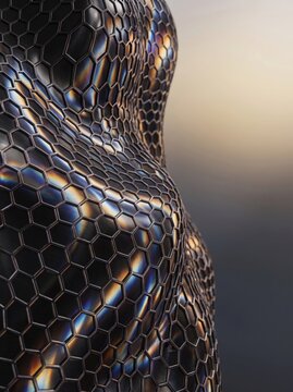 Black metallic honeycomb texture with iridescent reflections