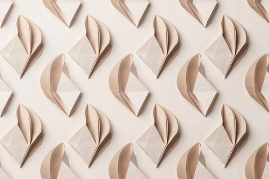 A repeating pattern of folded beige paper shapes resembling abstract petals or geometric leaves arranged in a symmetrical grid on a light surface