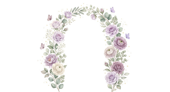 Watercolor Purple Rose and Eucalyptus Floral Arch Frame on Textured Paper