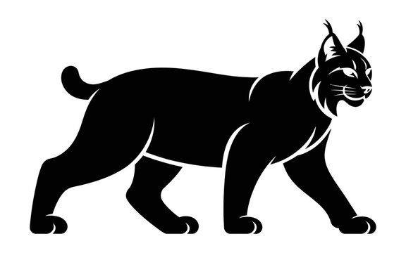 Black silhouette graphic of a walking lynx or bobcat with silhouette wildlife predator illustration isolated creature minimalist stylized artistic contrast abstract