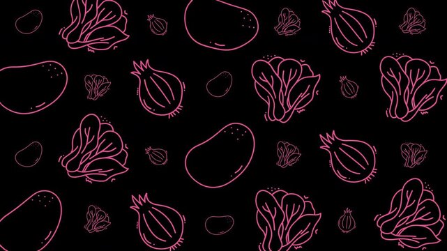 Doodle vegetable pink line art pattern great for kitchen textiles, packaging, stationery, and wallpaper design projects with fresh produce illustrations.