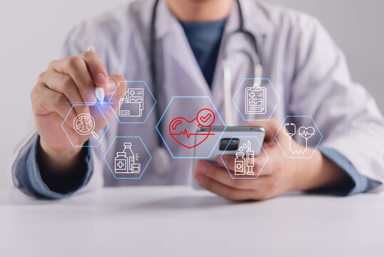 Doctor using smartphone with hexagon medical icons and telemedicine application hologram