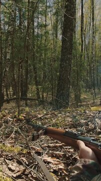 German soldier firing Mauser rifle with smoke in forest battle Side view of Wehrmacht infantryman