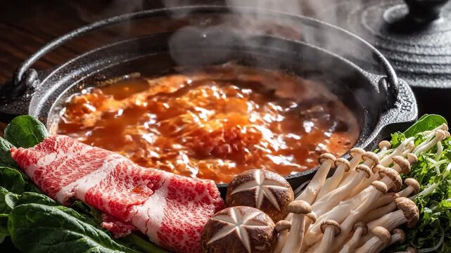 Steaming hot pot with beef, mushrooms, and fresh vegetables.