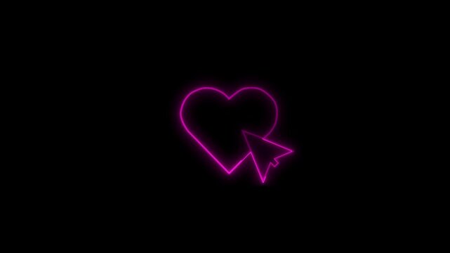 Neon pink heart with computer mouse cursor clicking animation on black background, glowing