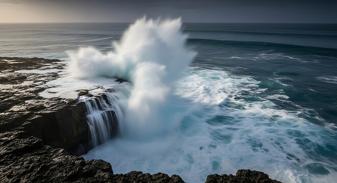 Violent ocean wave crashing against rugged dark coastal cliffs during dramatic overcast weather