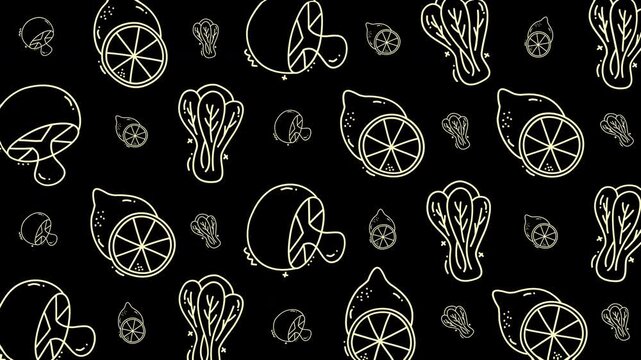 Doodle vegetable pattern with yellow lemons, bok choy, and mushrooms. Suitable for kitchenware, food packaging, and organic products branding.