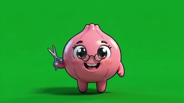 Cute cartoon onion character with glasses holding scissors on a green screen background.