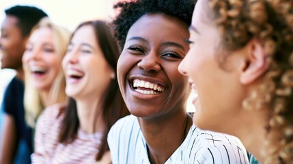 Fototapeta premium Diverse young women laughing together outdoors in bright natural sunlight during casual gathering