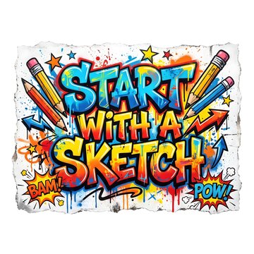 Vibrant graffiti-style artwork with 'START WITH A SKETCH' text, pencils, stars, arrows, paint splatters, and comic book sound effects on a distressed background.