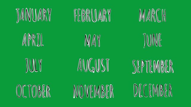 Hand Drawn Months of the Year Text Collection 2D Animation Green Screen