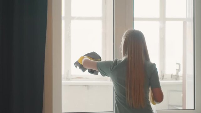 Quiet woman wipes window with gentle strokes. Calm scene of woman tidily cleaning glass in morning sunlight. Serene interior scene with woman carefully scrubbing window during soft daylight hours