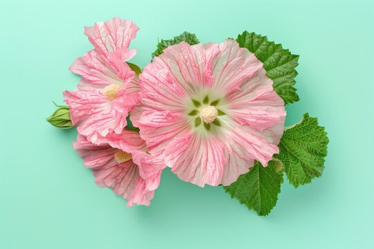 professional studio photo of a large deep pink hollyhock flower head, lying horizontally, showing textured center, seamless light pastel blue background