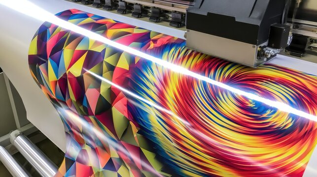 Industrial wide format printer producing colorful geometric and spiral pattern vinyl prints.