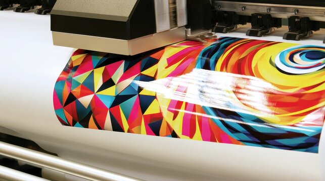 Industrial wide format printer printing colorful abstract graphic on vinyl paper roll