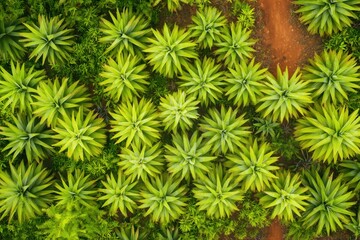 Obraz premium Top-down drone photography of a pineapple plantation, repetitive sharp green plant patterns, red soil paths, organic geometry --chaos 30 --ar 3:2 --v 6.1 Job ID: bf85dcfe-e8dc-4756-8cd9-425d85994049