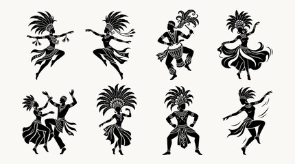 Fototapeta premium Set of black silhouettes of traditional Brazilian samba dancers and musicians performing in Carnival costumes