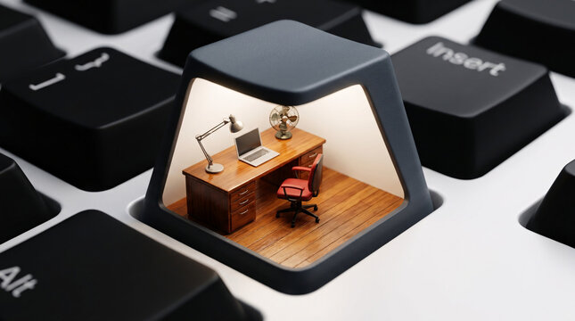 A miniature furnished office workspace captured inside the hollow frame of a computer keyboard key Isolated on transparent background