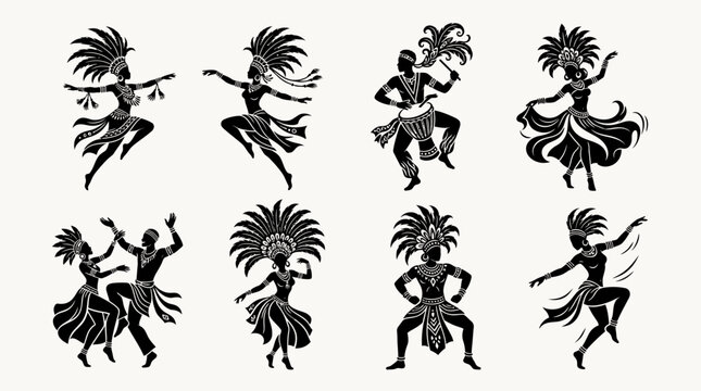 Set of black silhouettes of traditional Brazilian samba dancers and musicians performing in Carnival costumes